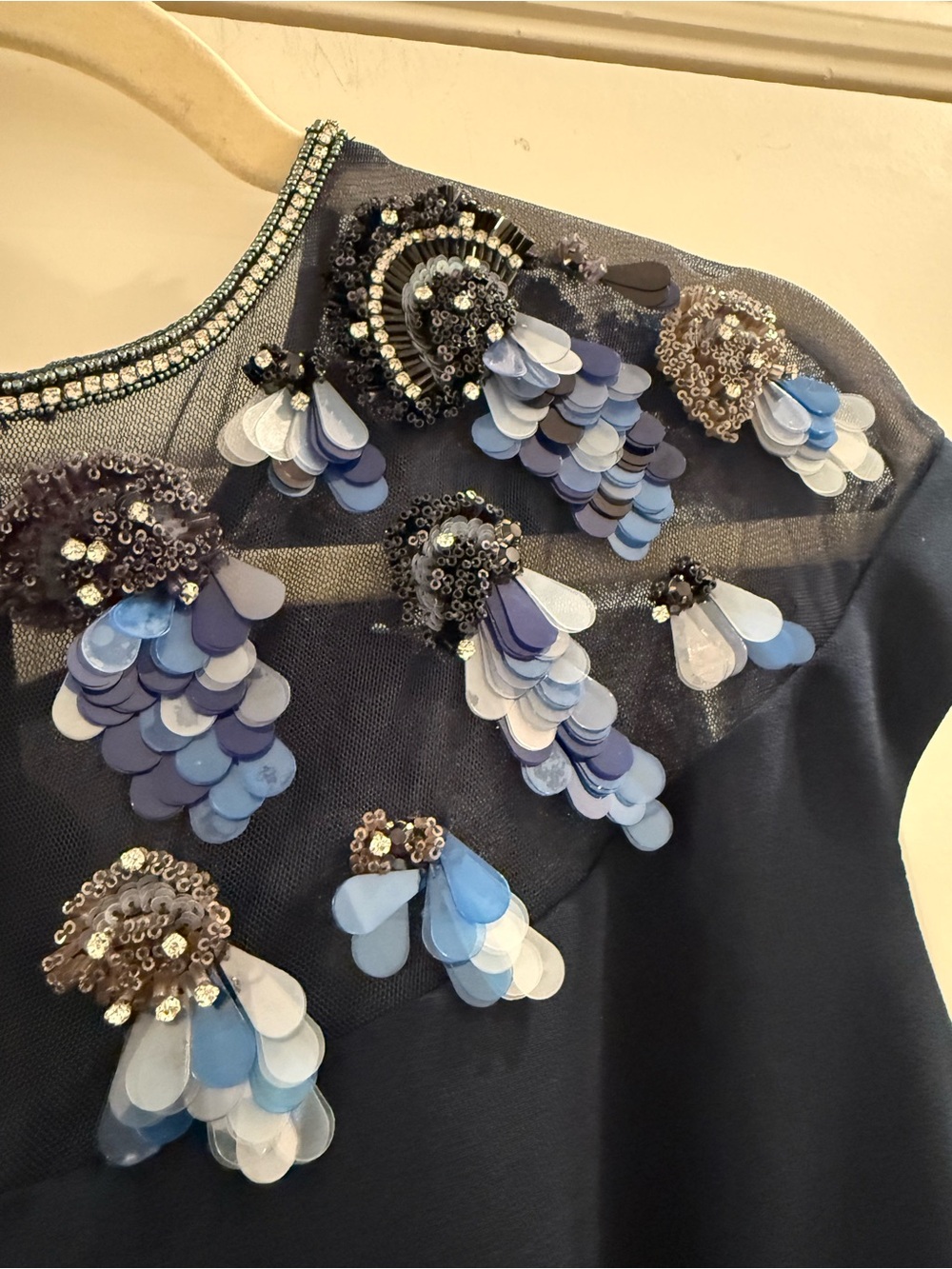 THEIA Navy Blue Cap Sleeve Embellished Illusion Dress Yoke Mermaid Gown size 8 - Picture 7 of 8